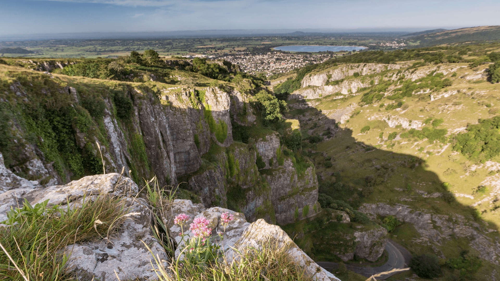 A landscape shot of the vast gorge and rolling hills at Cheddar