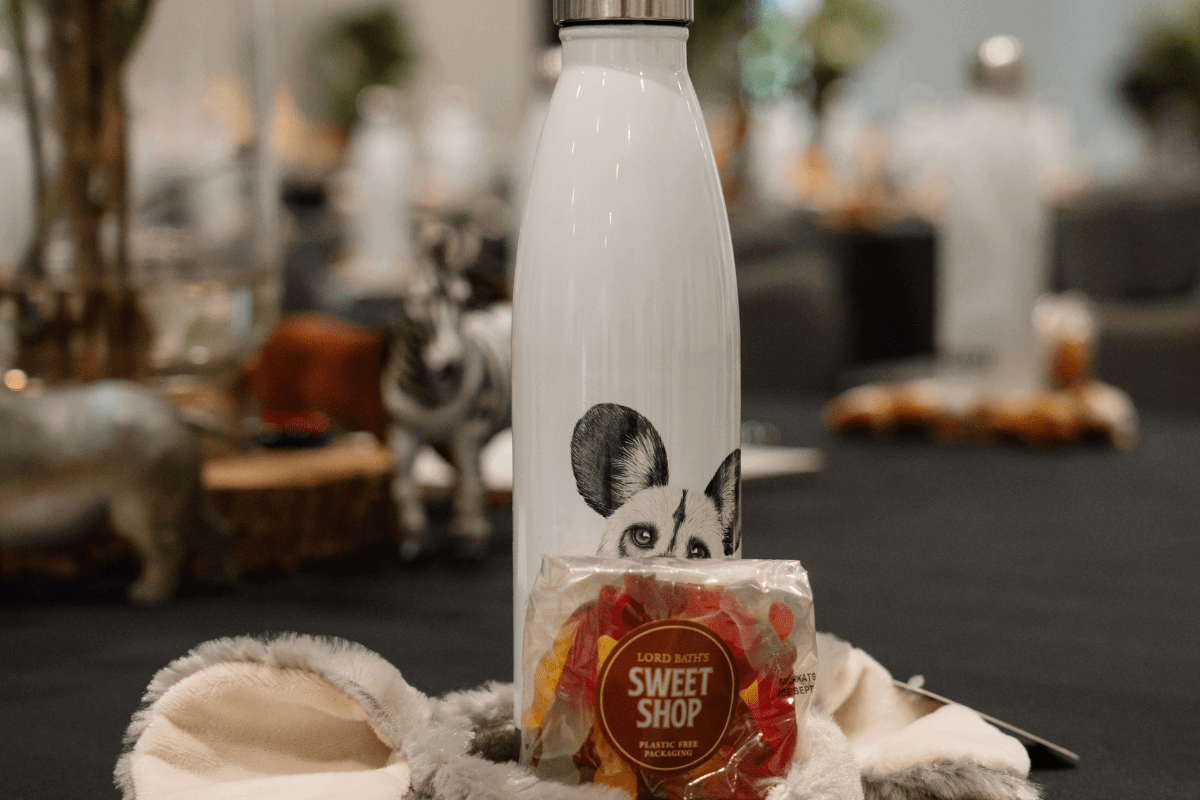 A white metal water bottle featuring a picture of an african painted dog, alongside a fluffy ear headband and a packet of sweets.