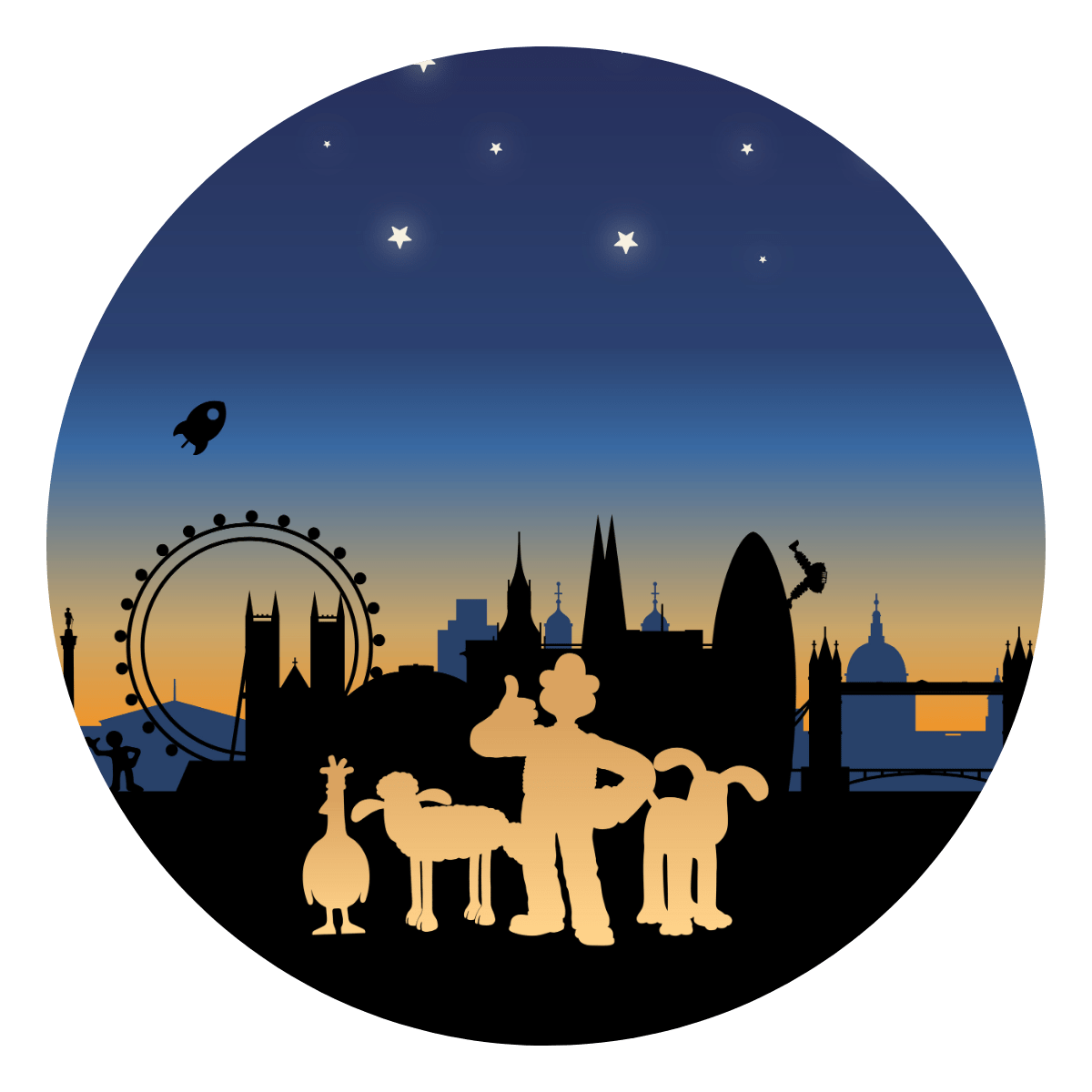 Wallace & Gromit outline against night sky