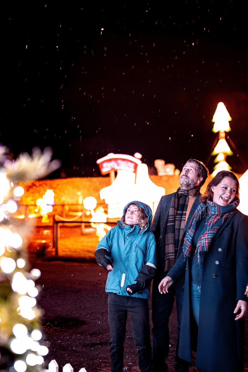 A family of four, a mother, father and two children stand looking at a lit up Christmas tree, smiling, with other Christmas lights in the background
