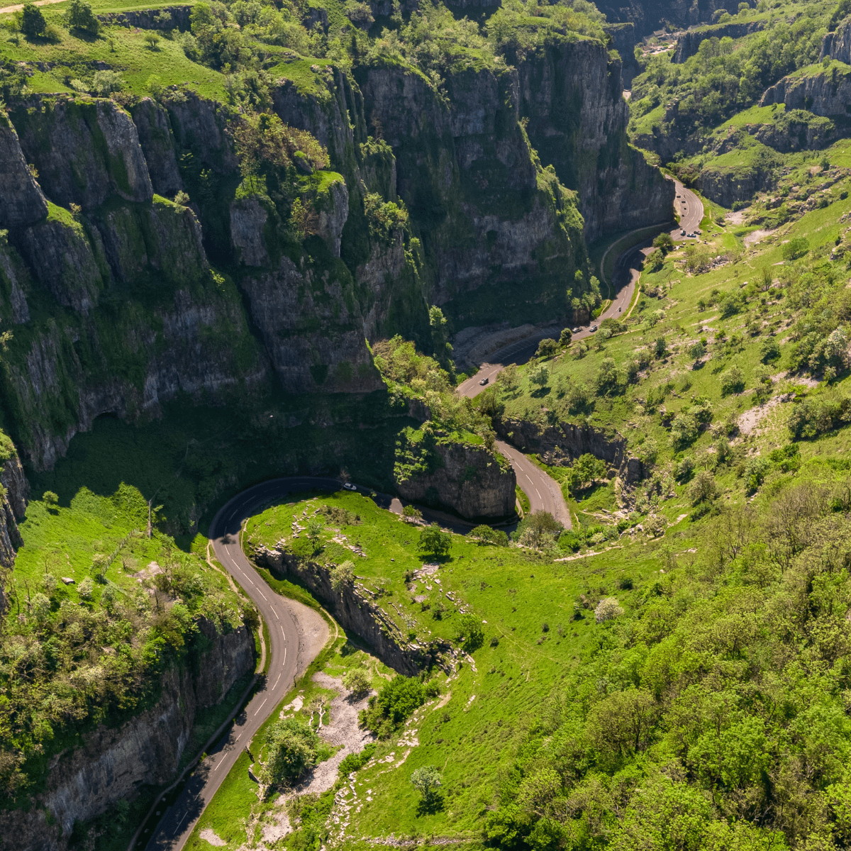 A bird's eye view of the gorge with its winding roads