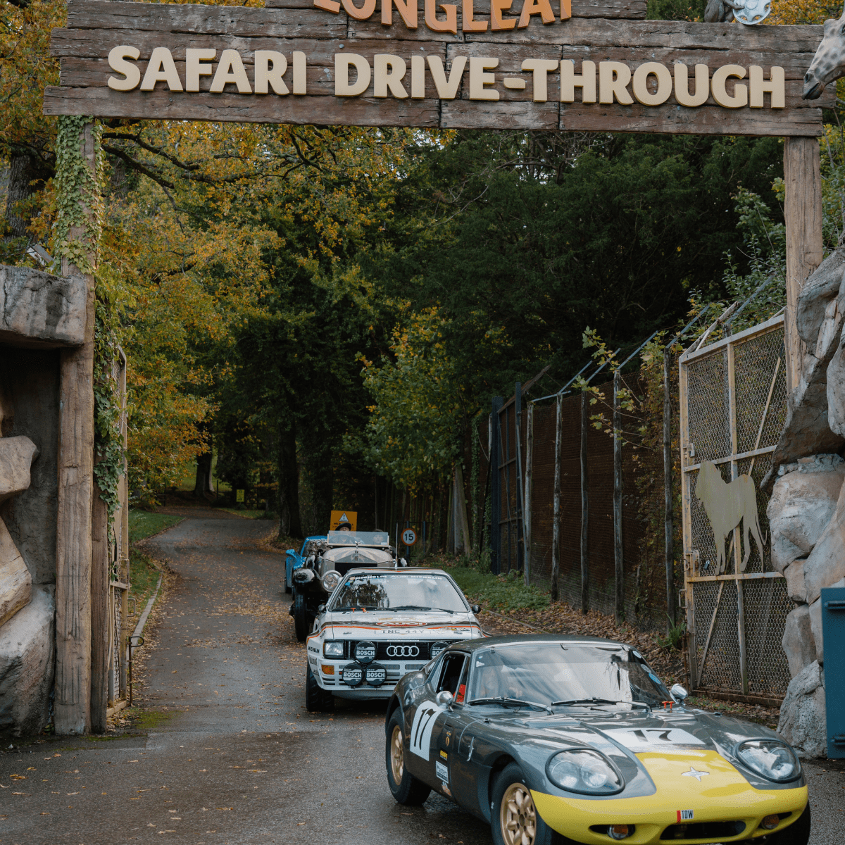 A range of classic, rally and vintage cars park in front of the Drive-Through Safari entrance to promote the Motor Show Weeekender