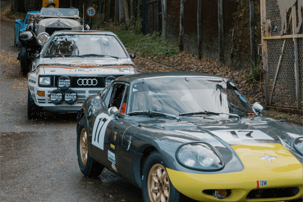 A range of classic, rally and vintage cars park in front of the Drive-Through Safari entrance to promote the Motor Show Weeekender