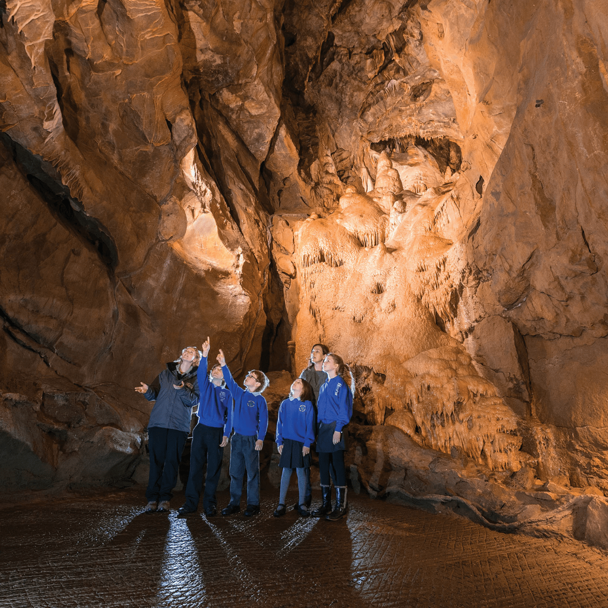 A group of school children along with their teachers admire the impressive rock formations in Gough's cave