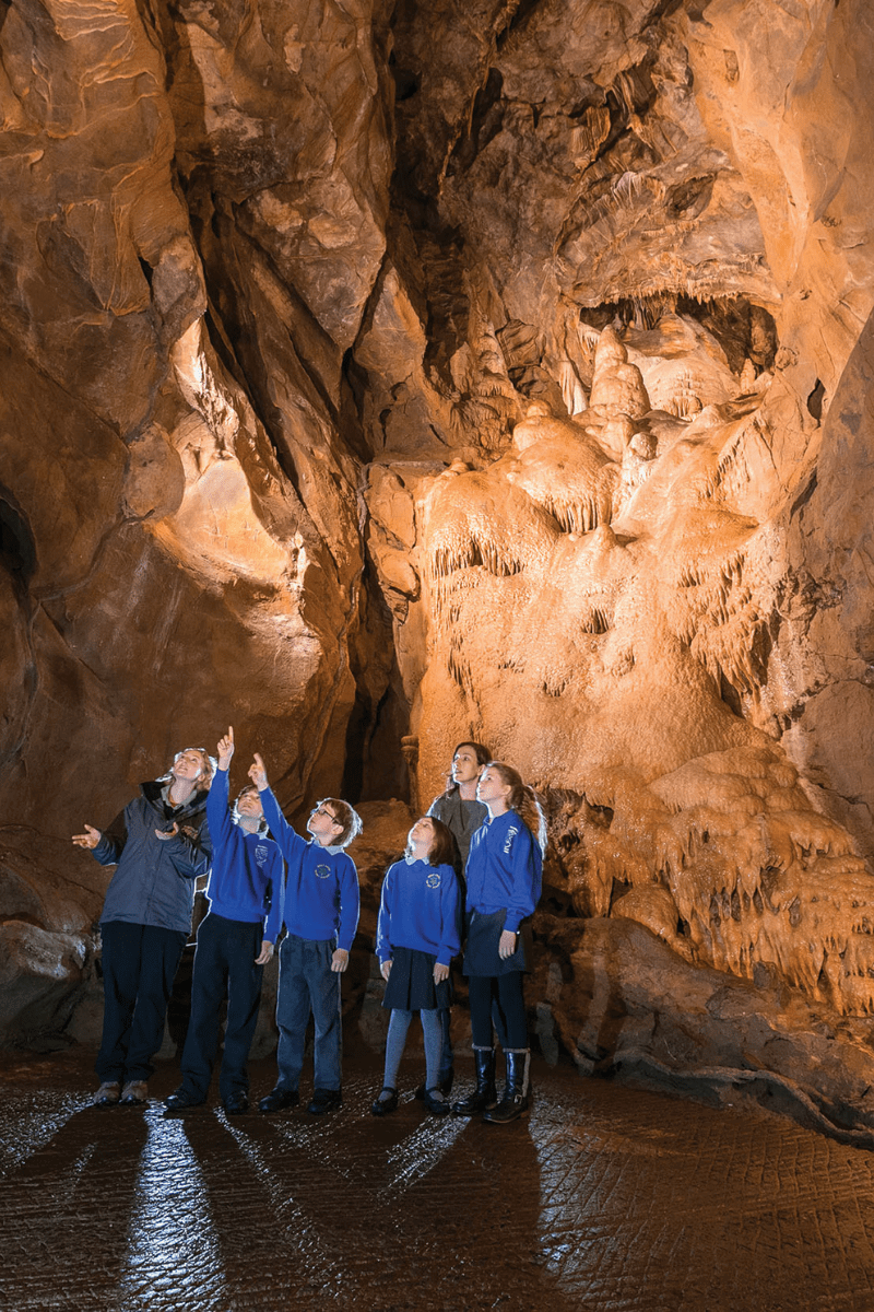 A group of school children along with their teachers admire the impressive rock formations in Gough's cave