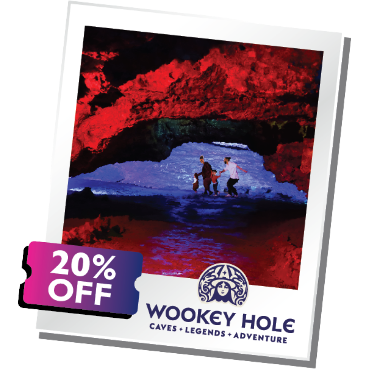 A polaroid image of people walking in a cave that is lit up red.