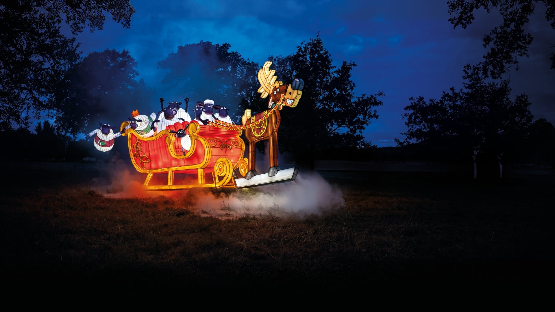 Shaun and friends in a sleigh being pulled by a reindeer
