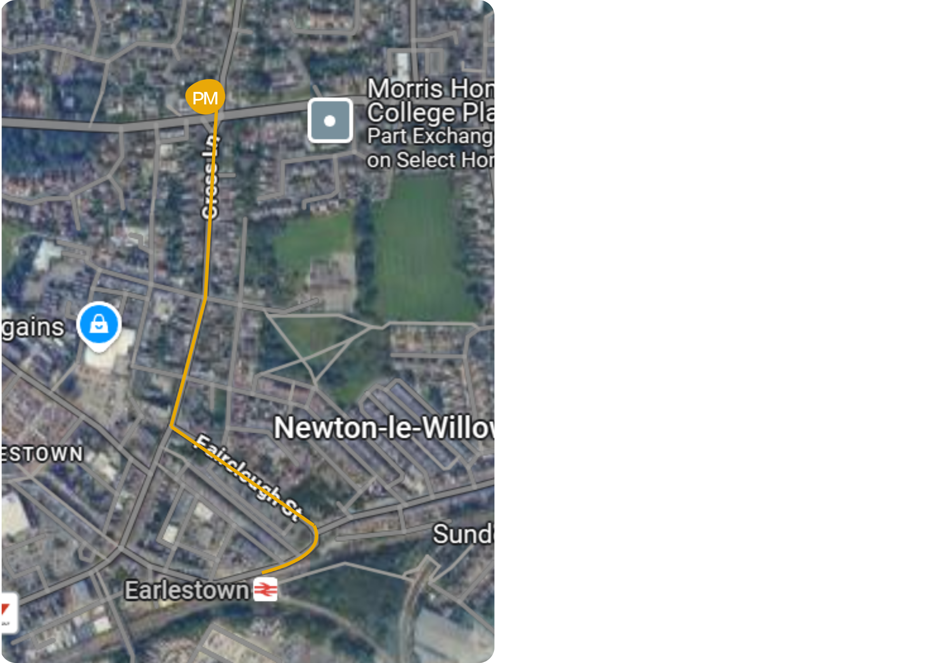 Map from Earlestown Station to Pall Mall