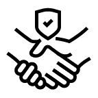 A black and white line drawing of a handshake with a shield featuring a checkmark above it.