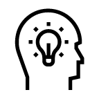 Simple line drawing of a human head profile with a light bulb inside, symbolising an idea or brainstorming.