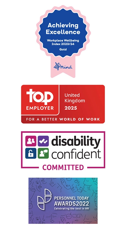 RHP Awards - Workplace Wellbeing Gold, Top Employer 2025, Disability Confident (Committed), Personnel Today Awards 2022