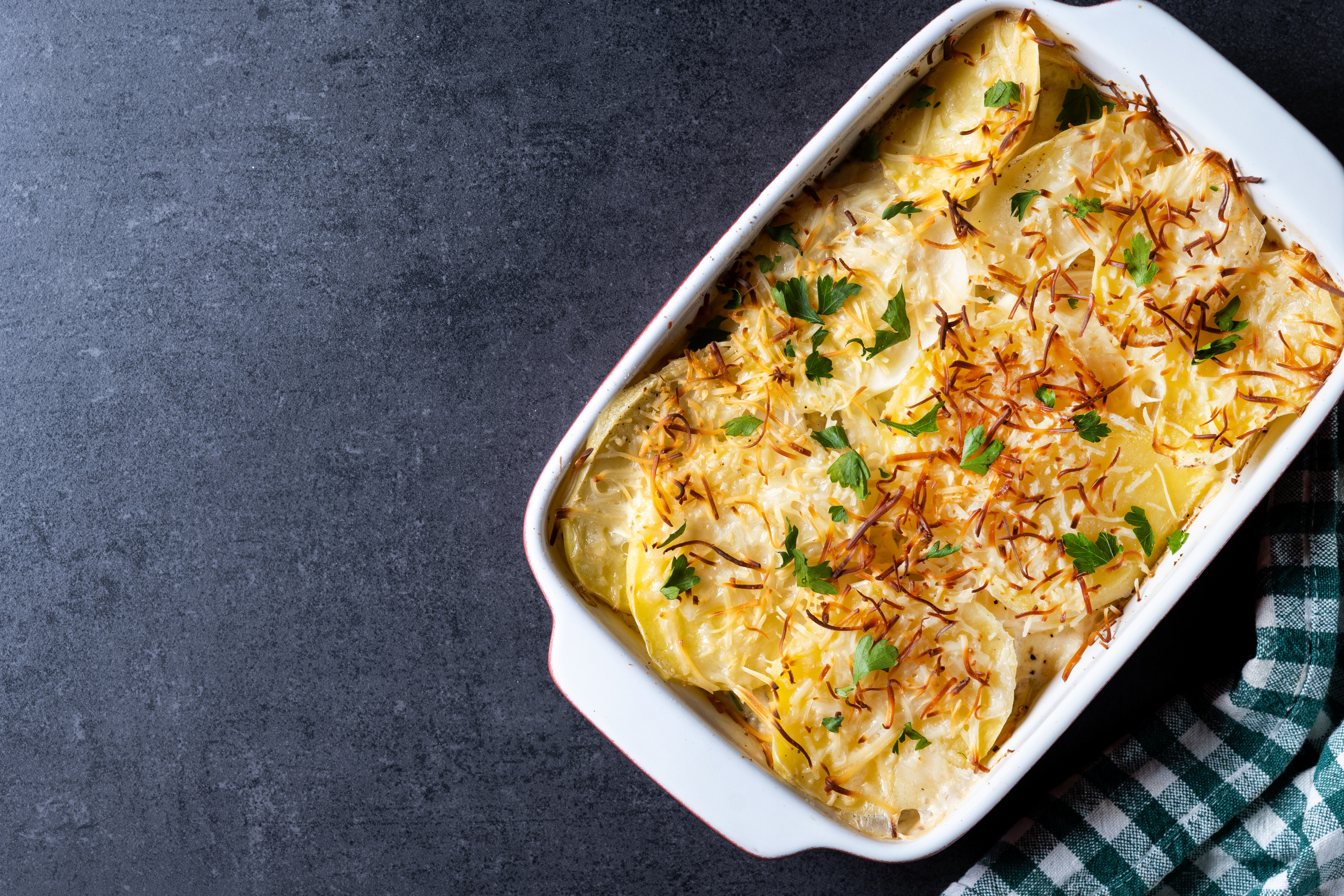 Potato Gratin Baked With Cream Cheese Wooden Table