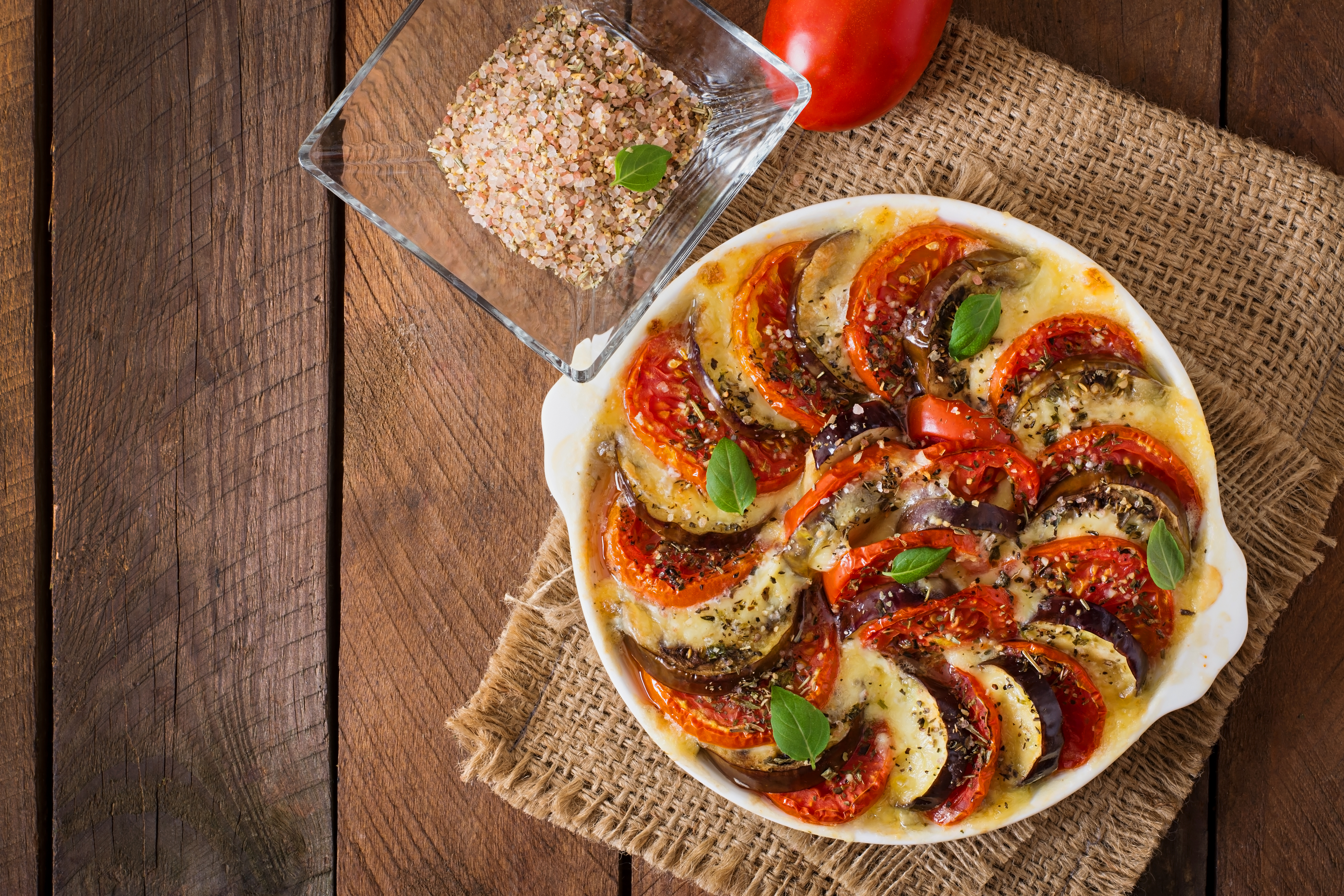 Prepared Gratin Dish Raw Eggplant With Mozzarella Tomatoes