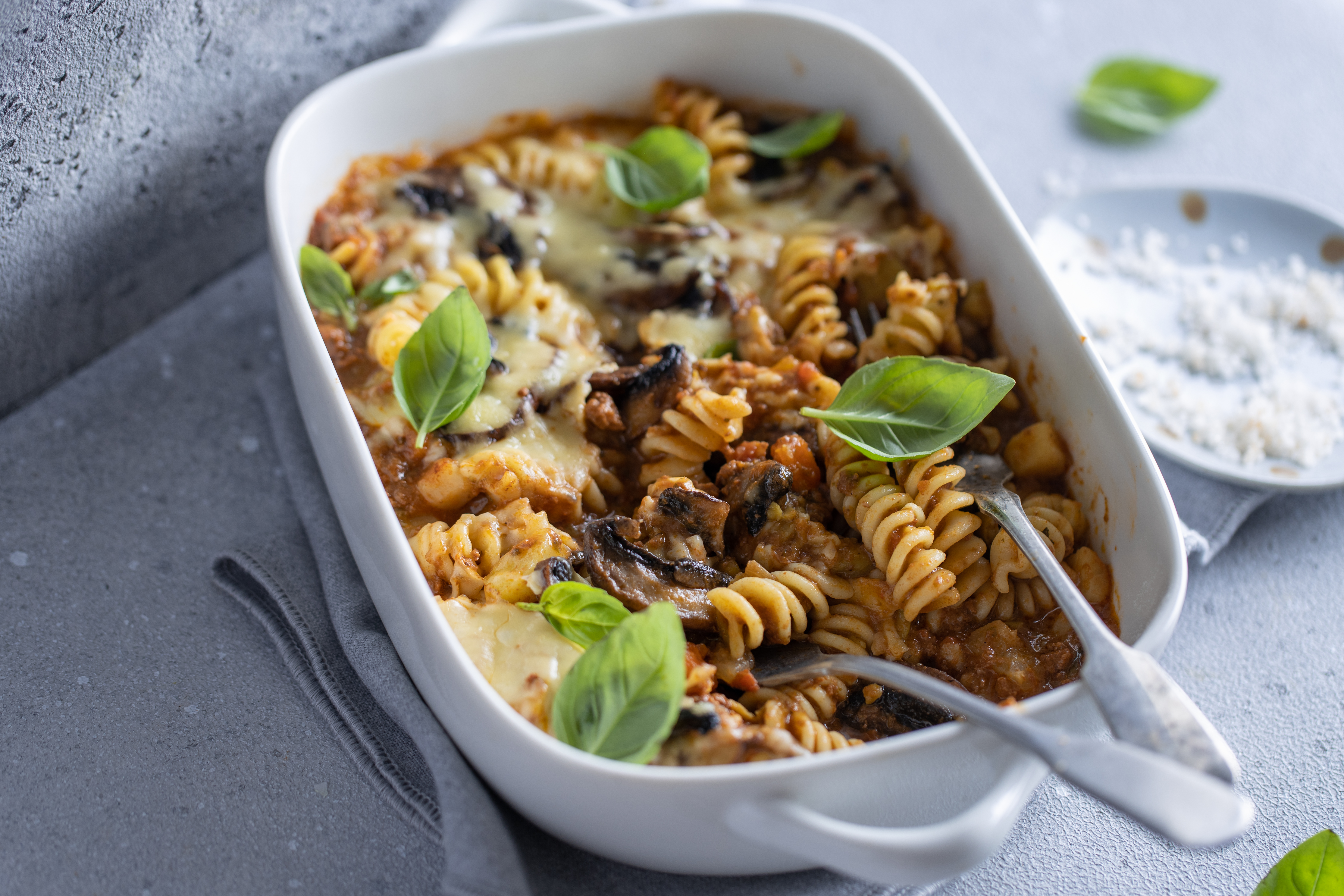 Oven Baked Pasta With Vegetables Meat Champignons Bowl Closeup
