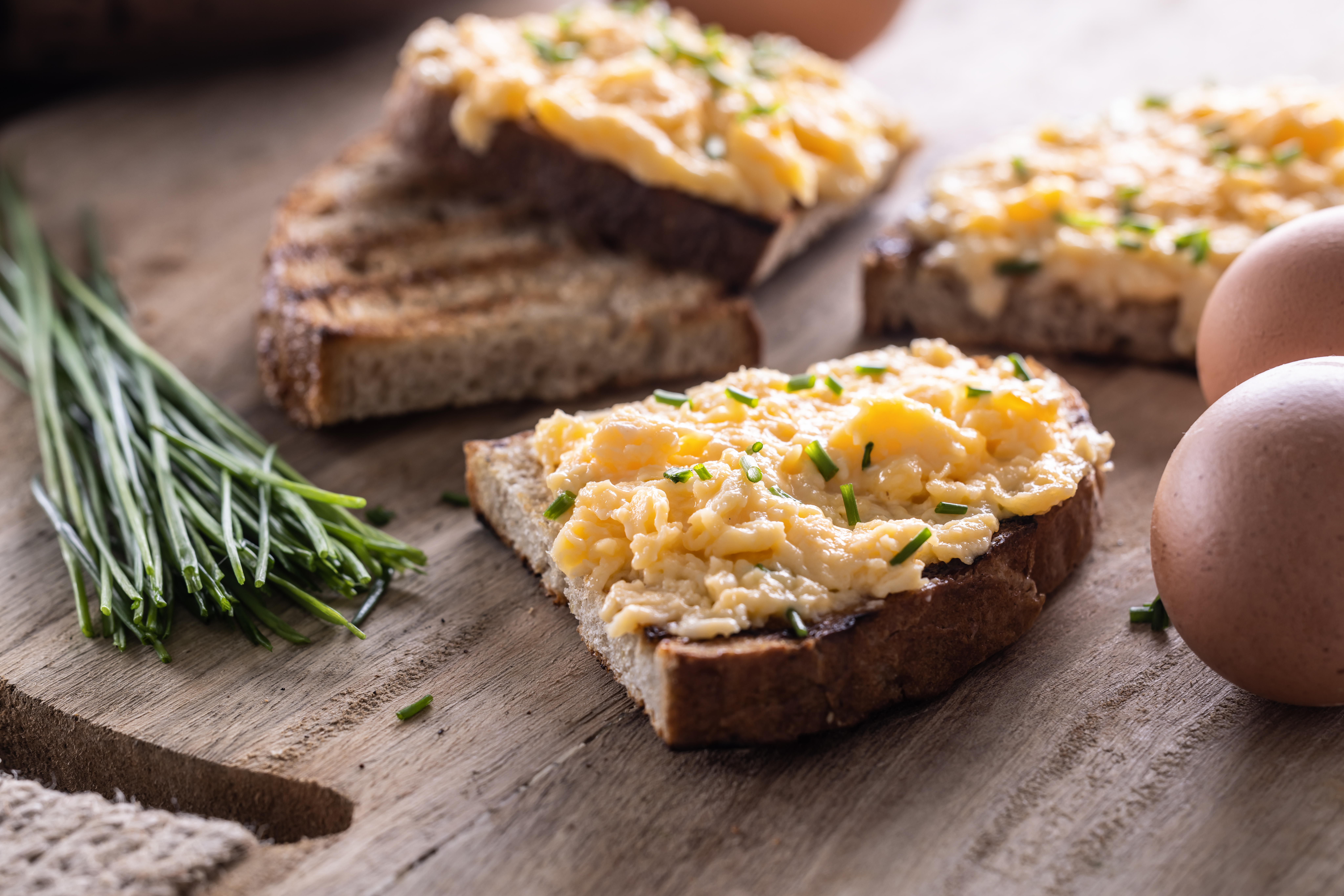 Fresh Scrambled Eggs Spread Slice Bread With Whole Eggs Fresh Chive Side