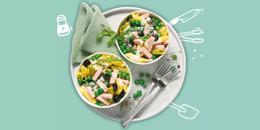 Nudelsalat Mit Erbsen Und Jagdwurst Nudelsalat Mit Erbsen Und Jagdwurst