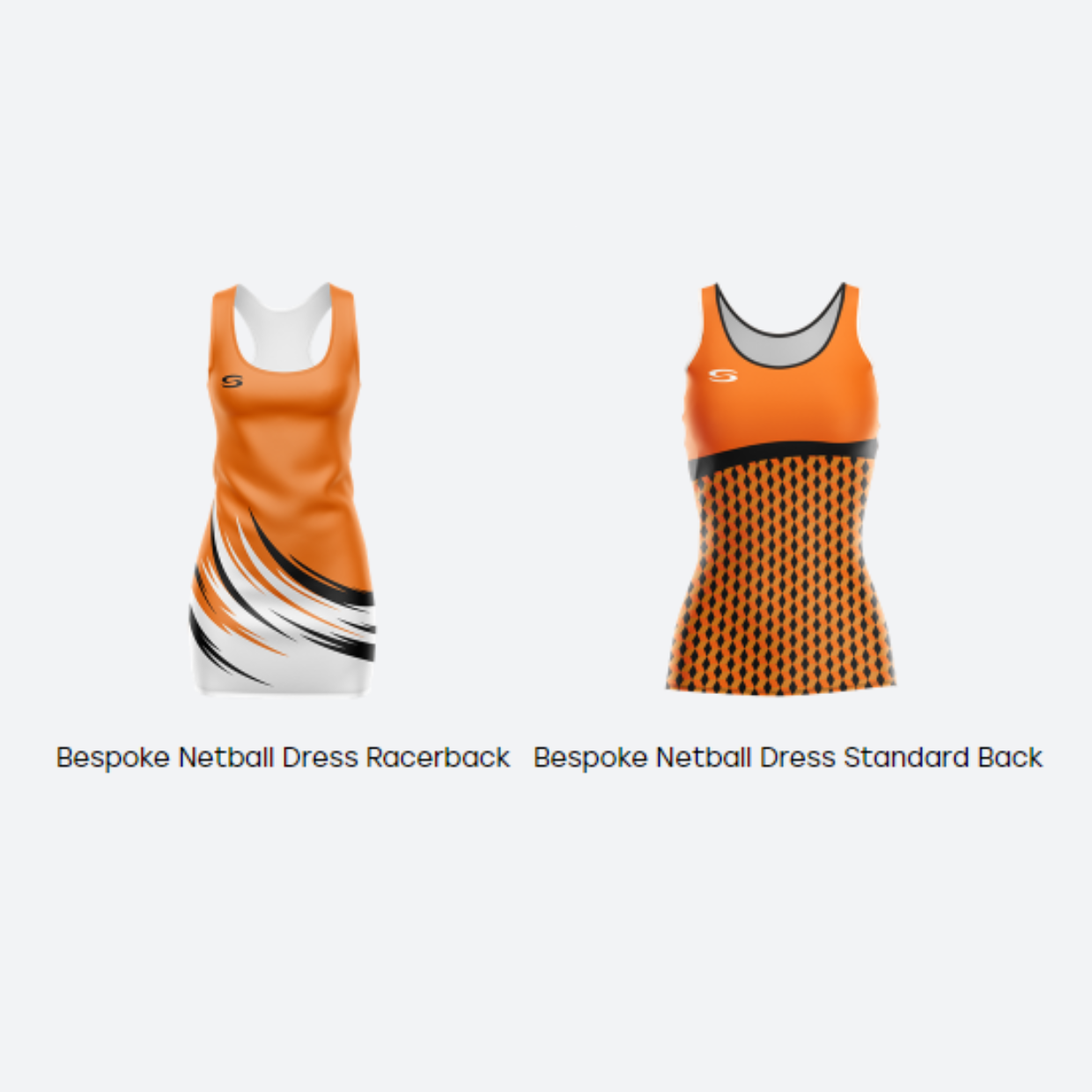 Depiction of the choice between a racerback or standard back netball dress on the Serious Sport website 