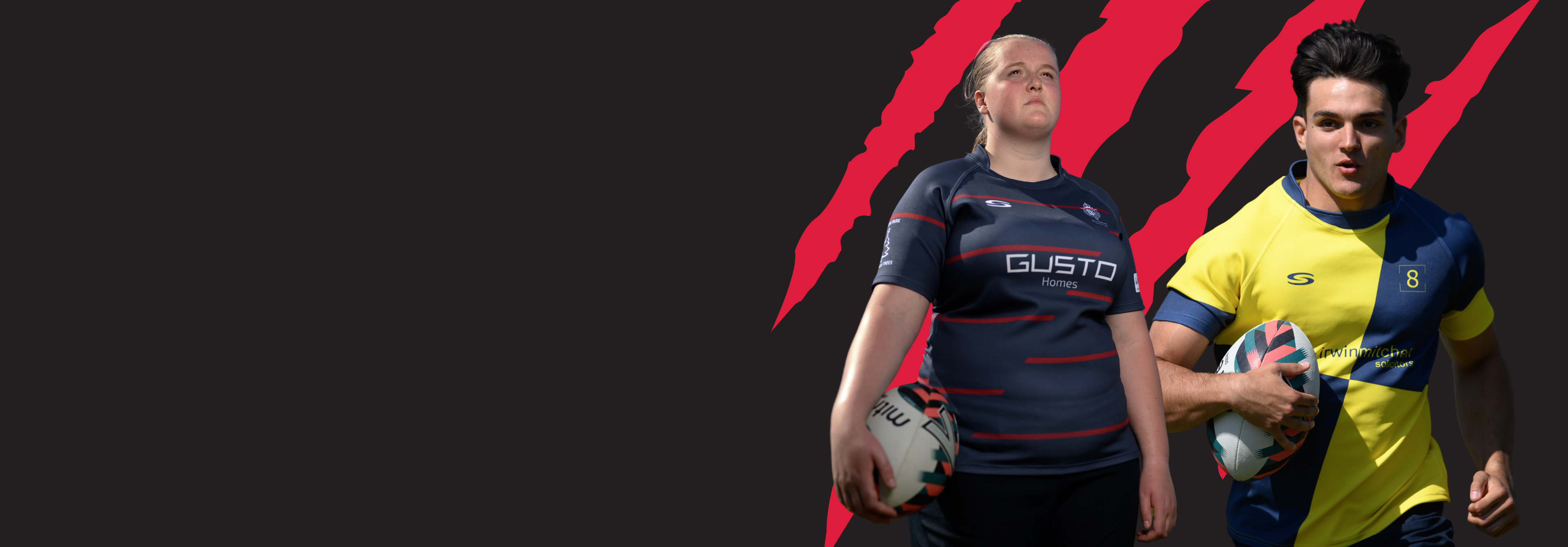 A male and female in Serious Sport Rugby kit with red claw background