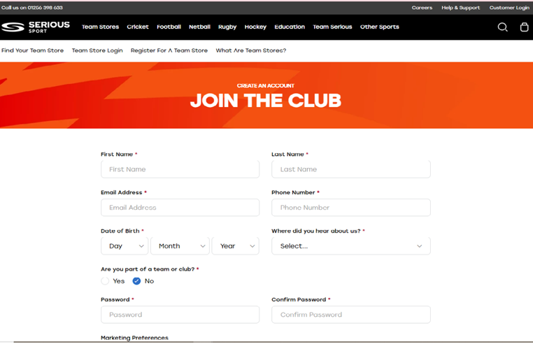 "Join the club" - step three of how to create an account on the Serious Sport website