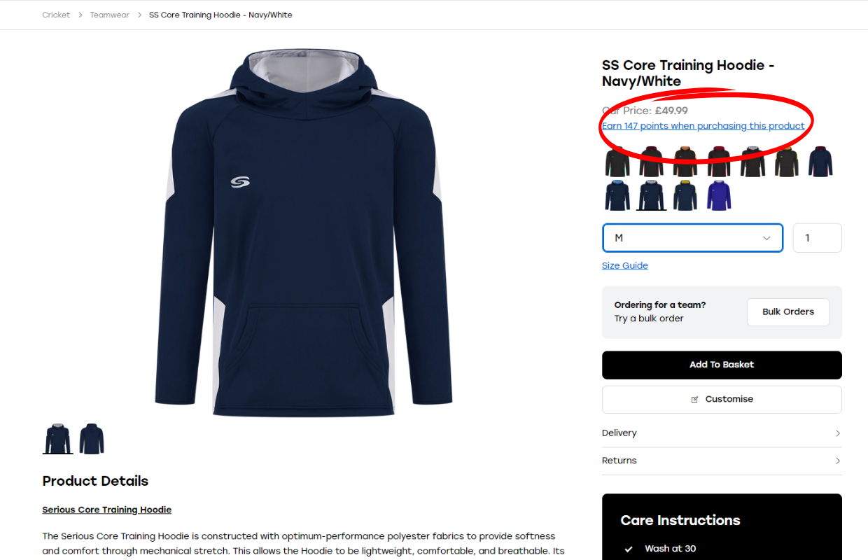 Screen shot of a Serious Sport Core Hoodies with 147 loyalty points circled in red