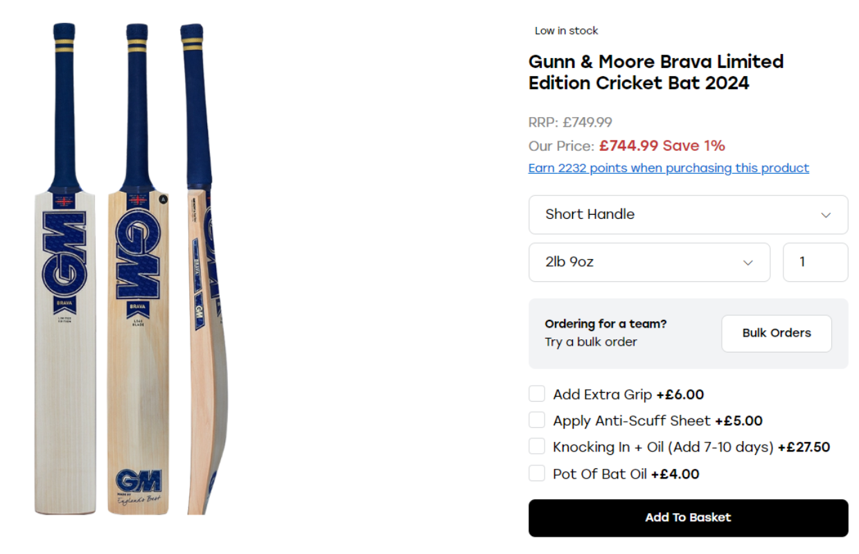 Image of Gunn & Moore Brava bat with 2232 loyalty points on offer