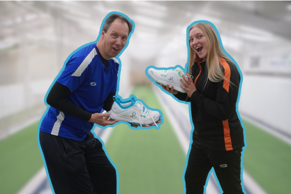 Image of two Serious Sport testers with their ME+U Cricket Shoes