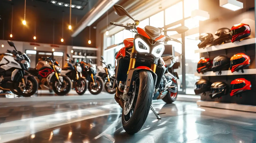 Lots of motorbikes in a showroom for sale