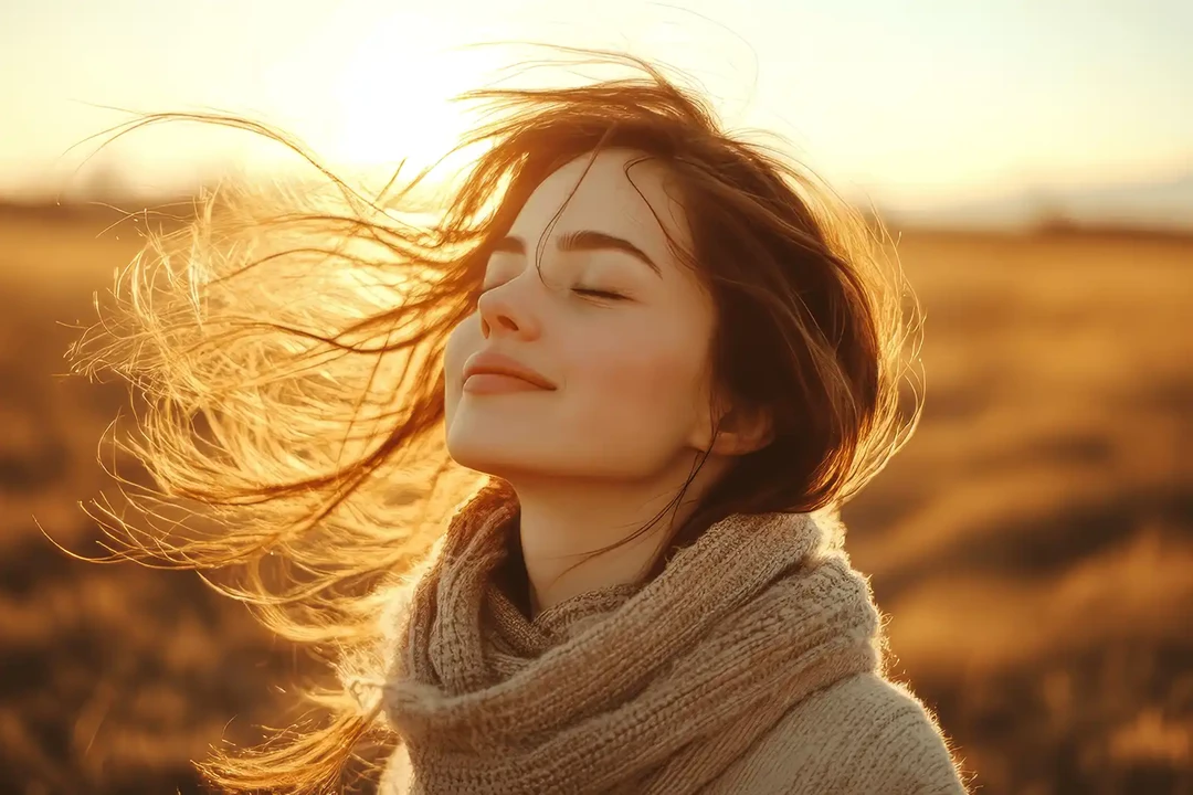 Beautiful young woman with hair blowing in the wind