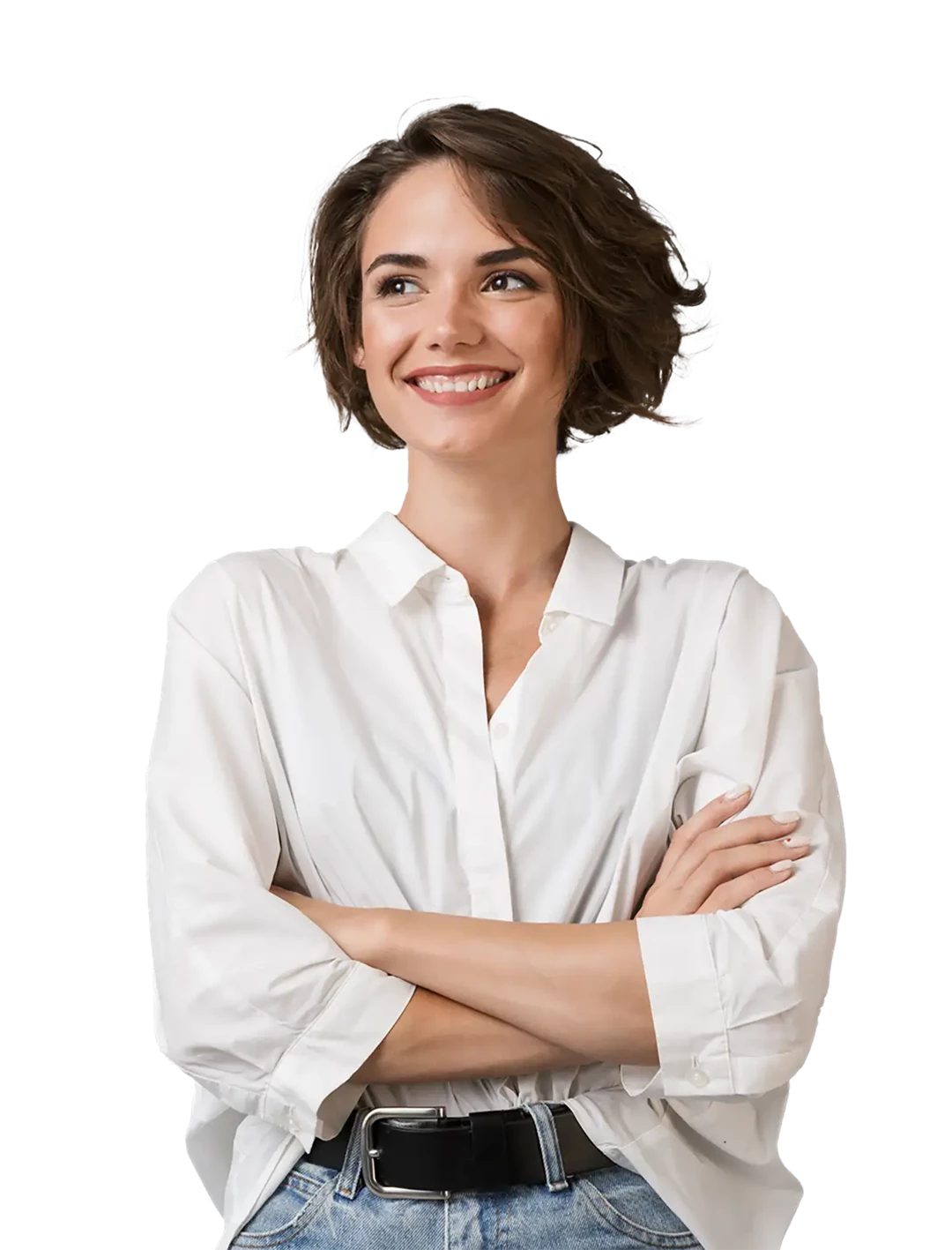 woman in white top and smiling