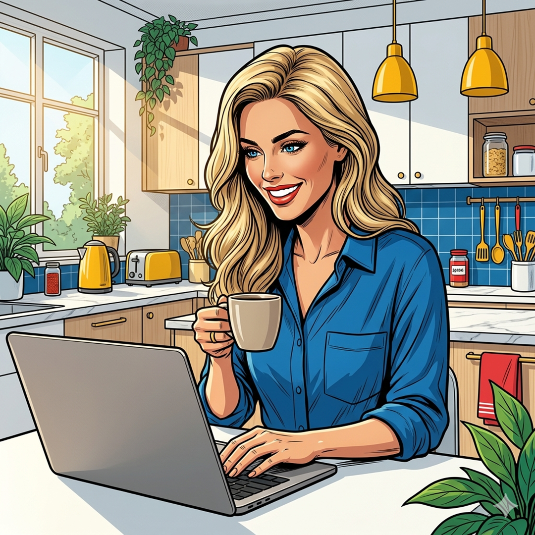 Female with blond hair drinking a cup of coffee while checking her laptop in her kitchen