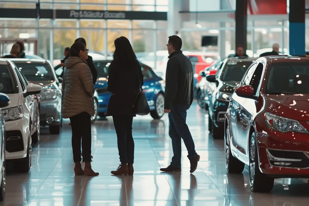 prospective car buyers walking around a dealership