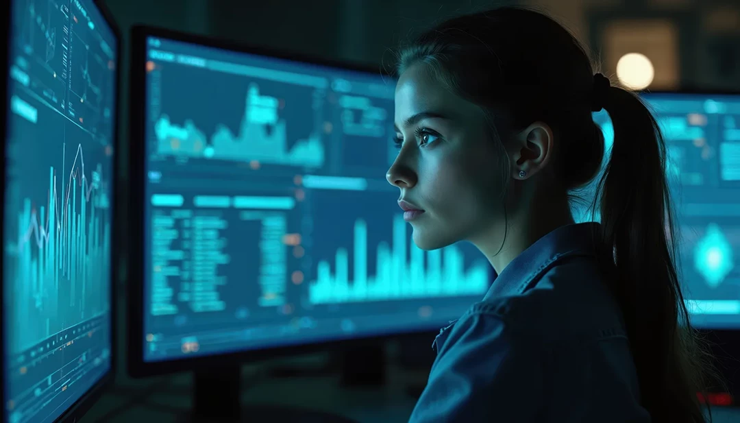 Woman viewing multiple computer screens in high tech environment