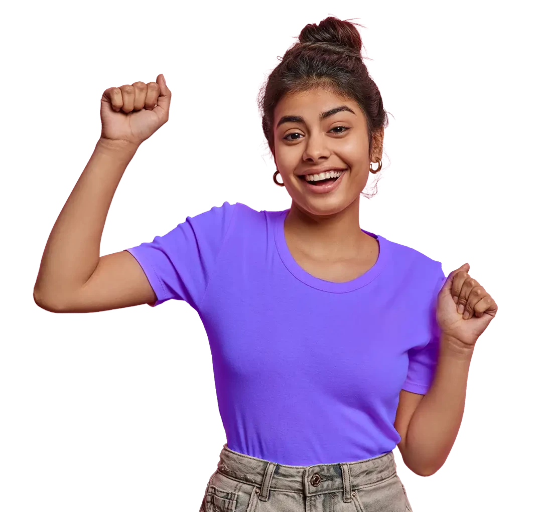 young woman in purple top celebrating