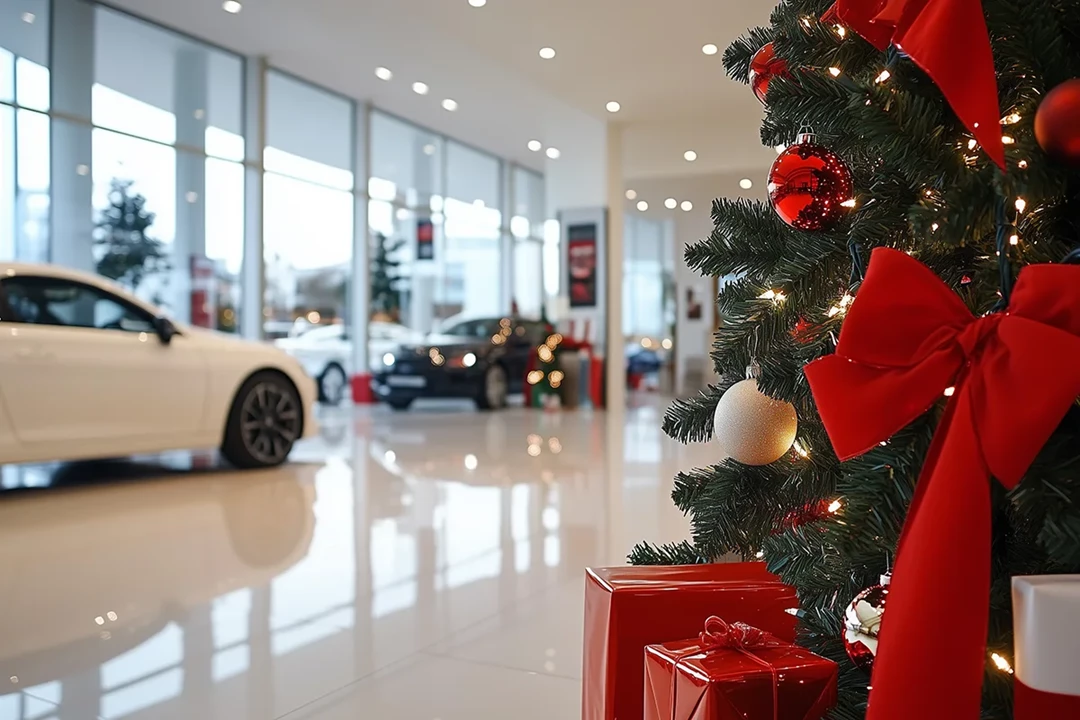 Car showroom at Christmas with a Christmas tree in front of the cars