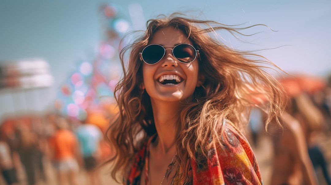 Happy young woman with hair blowing in the wind