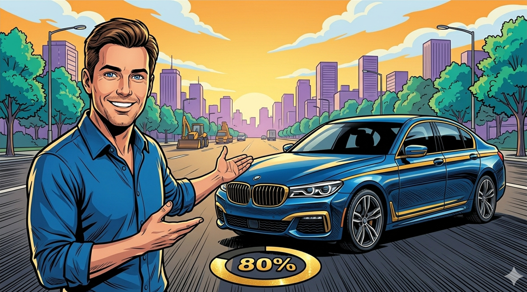 Man presenting a car on a wide road in the city