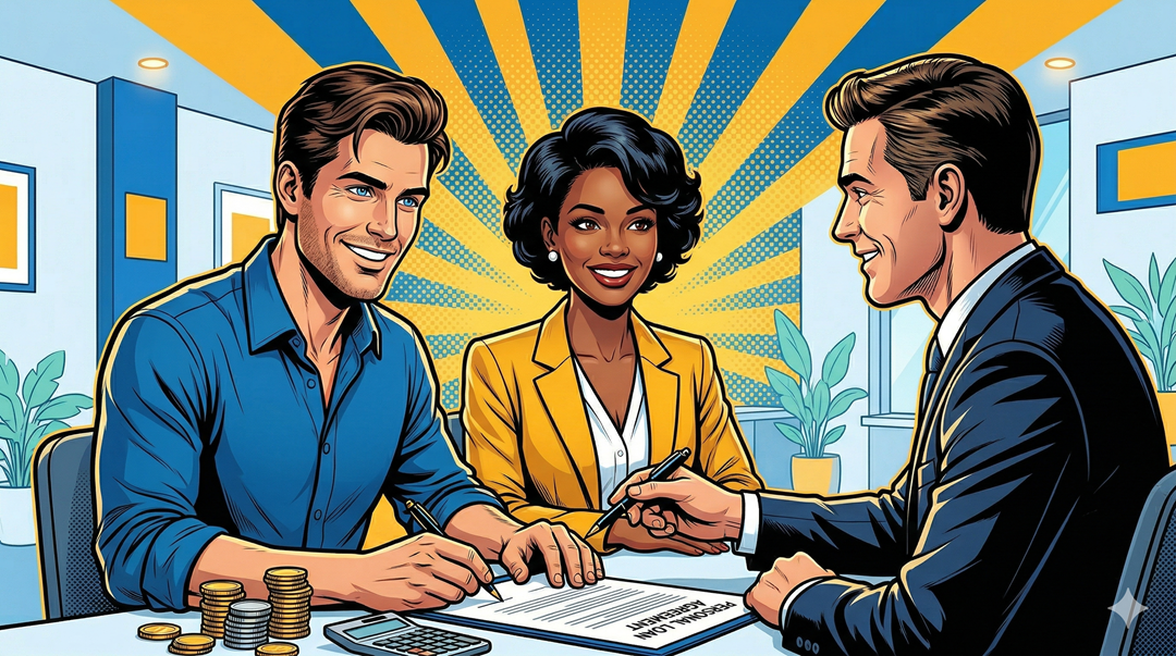 A couple in an office signing a contract