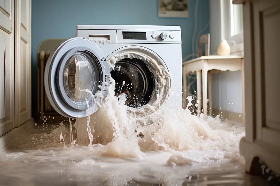 Washing machine broken and spilling water on the floor.