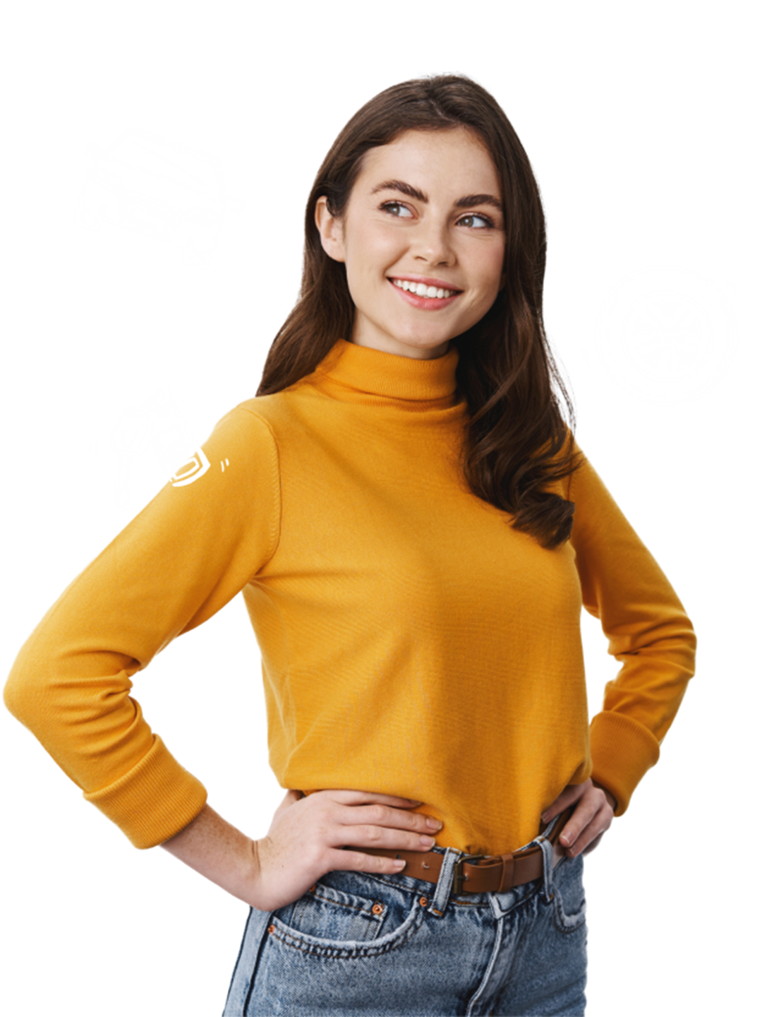 Woman smiling with hands on her hips in yellow sweater