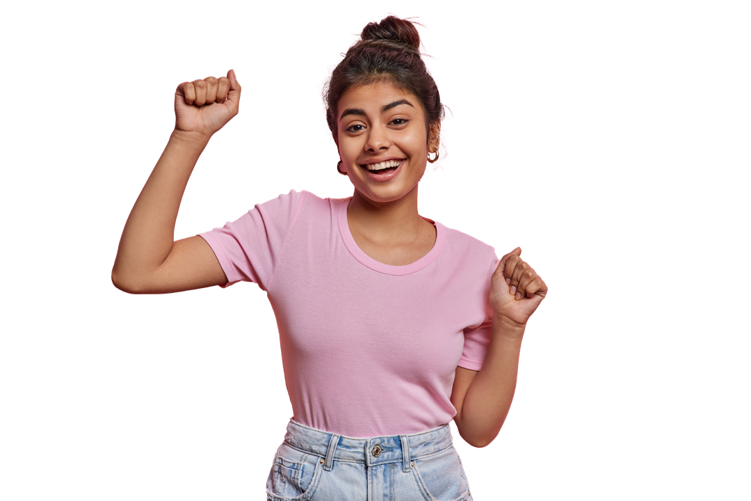 Young woman with arms in the air smiling