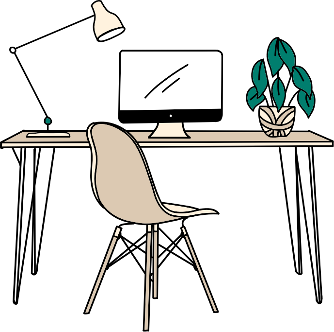 Illustration of a desk with a desktop computer, lamp, and potted plant on it with a chair in the foreground.