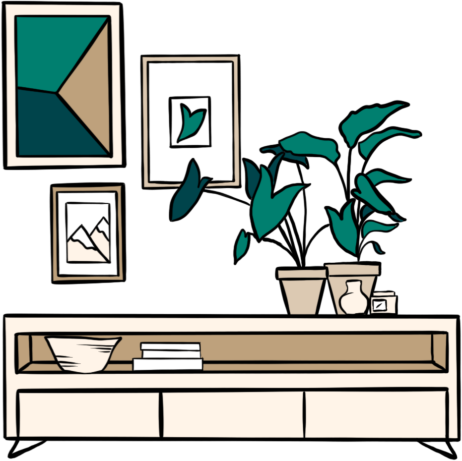 Illustration of a hallway with a storage cabinet with potted plants on it and wall-mounted photos.