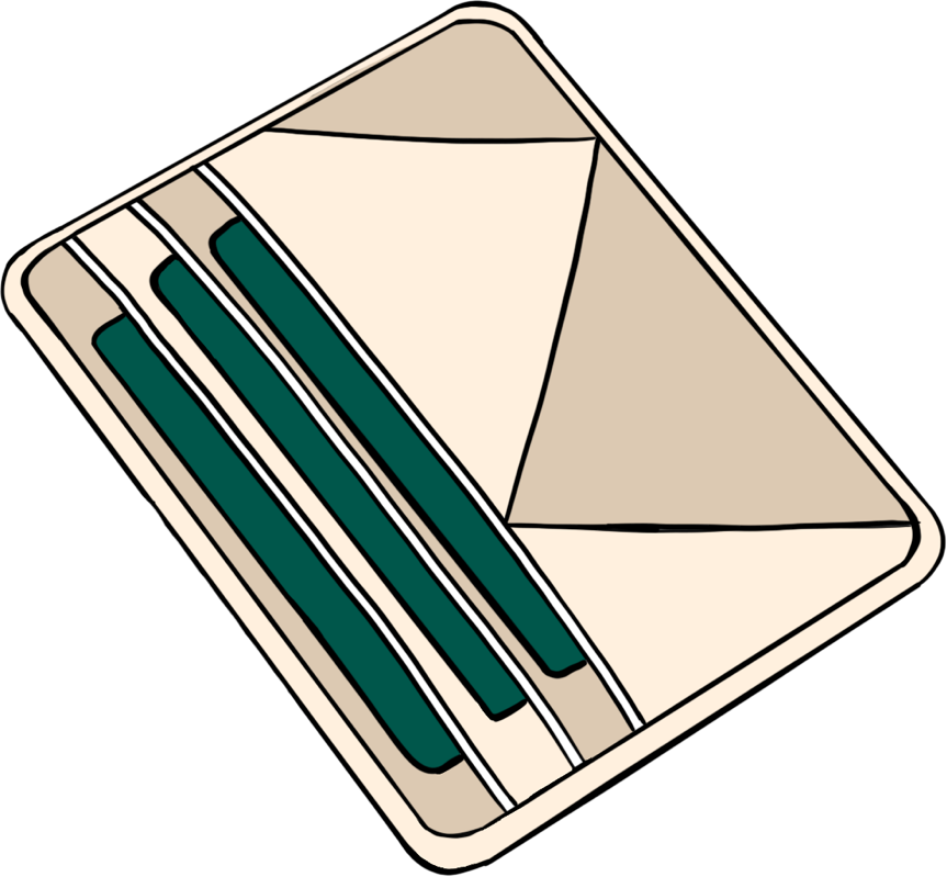 An illustration of a cream cardholder with three different green cards inside it.