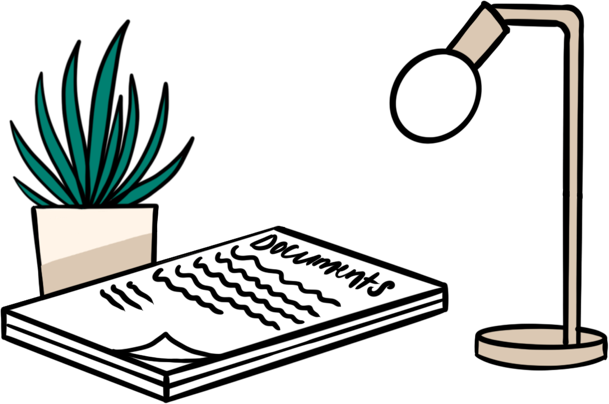 Illustration of a stack of paper documents with a potted plant and small lamp to either side.