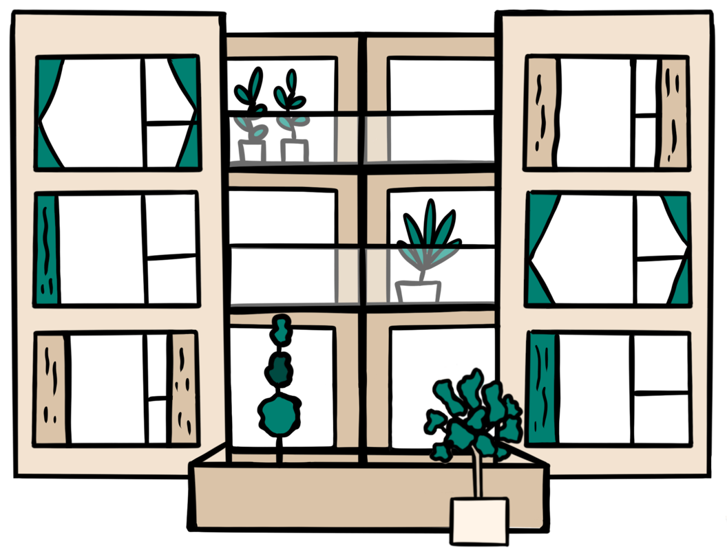 An illustration of a modern block of flats with various large potted plants throughout.