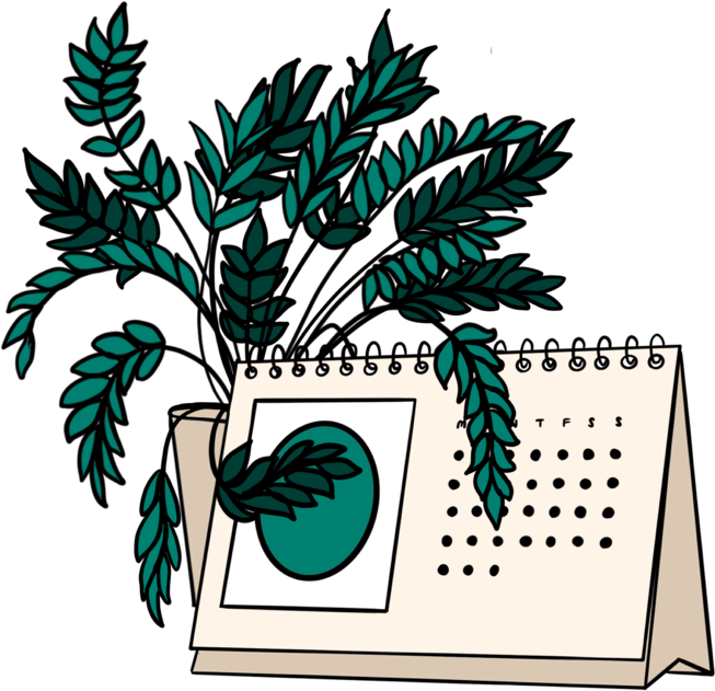 An illustration of a calendar with a green potted plant's leaf wrapping over the top of it.