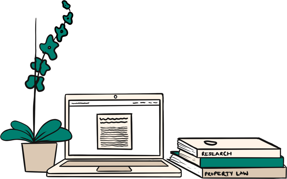 An illustrated laptop with research books stacked to the right and a potted plant to the right.