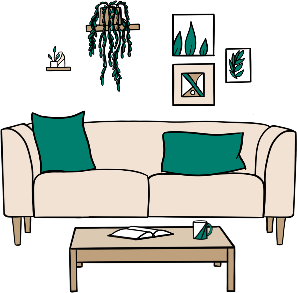 Sofa And Coffee Table Illustration of a small coffee table and large cream sofa with photo frames hung on the wall.