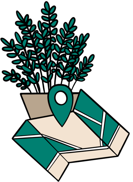 Illustrated large map with an oversized pin point to a location in front of a potted plant.
