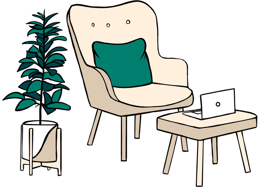 Illustration of a cream armchair, footstool with laptop on it and large potted plant.
